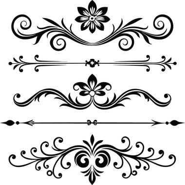 Zarif, siyah ve beyaz dekoratif bir tasarım. Süslü, çiçekli elementler, çeşitli dekoratif kenarlar ve bölücüler.