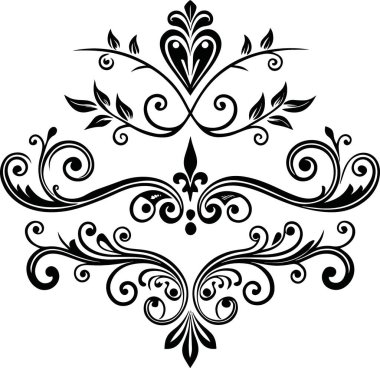 Karmaşık bir siyah-beyaz dekoratif sarmaşıklar, kalp şeklini ve zarif ayrıntıları terk eder.