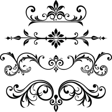 Karmaşık bir siyah-beyaz dekoratif tasarım. Çiçekli elementler, girdaplar ve grafik kullanımı için simetrik kenarlıklar içeriyor.