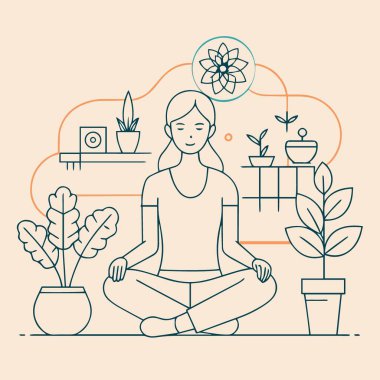 Huzurlu bir illüstrasyon, yemyeşil ve saksıların arasında huzur içinde meditasyon yapan bir kadını resmediyor ve rahatlatıcı bir sahne yaratıyor.