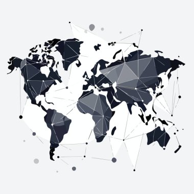 Birbirine bağlı noktalar ve kıtalar arası çizgilerle çokgen bir tasarım içeren modern bir soyut dünya haritası çizimi