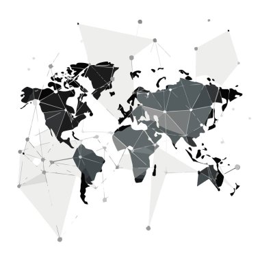 Birbirine bağlı düğümler ve küresel bağlantıları ve ağ görselleştirmesini temsil eden çokgen şekillerle biçimlendirilmiş bir dünya haritası çizimi