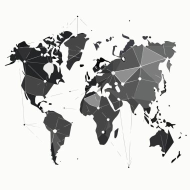 Birbirine bağlı üçgenlerden ve kıtaları modern çokgen dizaynında gösteren noktalardan oluşan biçimlendirilmiş bir dünya haritası grafiği