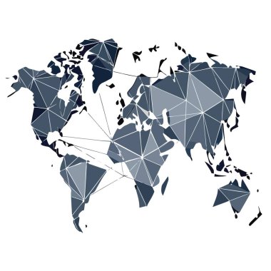 Küresel bir ağ veya bağlantıyı temsil eden çokgen şekiller ve birbirine bağlı çizgiler kullanılarak oluşturulan biçimlendirilmiş bir dünya haritası