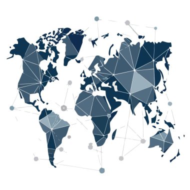 Küresel ağları ve veri bağlantılarını temsil eden birbirine bağlı düğüm ve çizgileri gösteren bir geometrik dünya haritası illüstrasyonuName