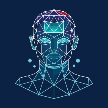 Bir insan yüzü ve geometrik ağı bağlı noktalar ve çizgilerle tasvir eden stilize edilmiş mavi ve kırmızı çokgen kafa çizimi