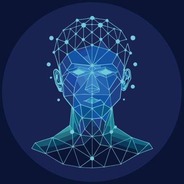 Birbirine bağlı mavi çizgiler ve dairesel çerçeve içinde parlayan düğümlerden yapılmış bir insan yüzü tasvir eden çarpıcı dijital sanat çizimi