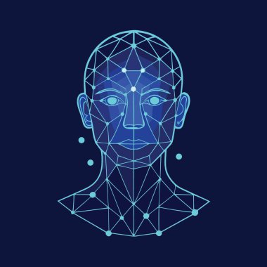 çokgen ağ dizaynı ve parlayan noktalar teknolojiyi ve yapay zekayı temsil eden fütüristik mavi geometrik kafa çizimi