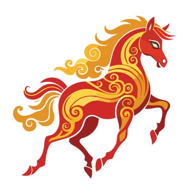 Canlı bir illüstrasyon, dinamik ve süs tasarımı sergileyen kıvrımlı kırmızı ve sarı desenli stilize edilmiş bir atı tasvir eder.