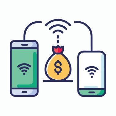 İki akıllı telefonu gösteren renkli bir resim. Kablosuz olarak bir dolar işareti olan merkezi bir altın sikkeye para transfer ediyorlar.