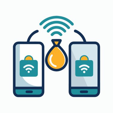 Dijital işlemleri ve finansal teknolojiyi sembolize eden kablosuz olarak para çantasına bağlı iki akıllı telefonu gösteren renkli bir simge