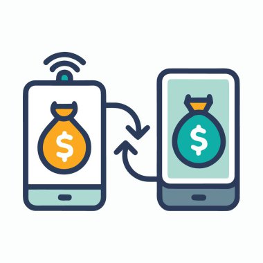 Renkli bir illüstrasyon, iki akıllı telefonun dijital bir para transferini kablosuz olarak birbirleriyle aktardığını gösteriyor.