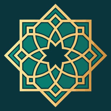 Detaylı simetrik bir İslami geometrik desen tasarımı, altın çizgileri ve gri yeşil arkaplan, karmaşık sanatsal arkaplanı var.