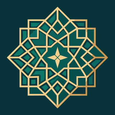 Merkezi yıldız şekli ve birbirine kenetlenmiş karmaşık simetrik motif oluşturan karmaşık bir altın ve yeşil geometrik desen tasarımıdır.