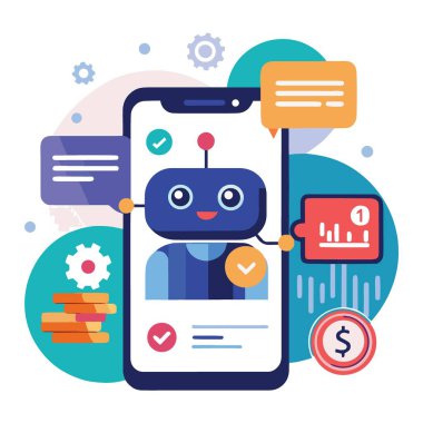 Çeşitli sohbet baloncukları ve finansal simgelerle etkileşen dost bir robotu gösteren modern bir illüstrasyon