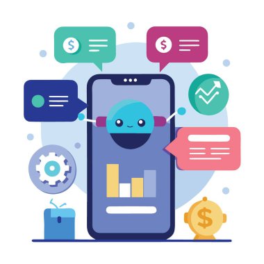 Çeşitli dijital simgeler ve finansal sembollerle çevrili dost bir robot karakteri gösteren canlı bir illüstrasyon.