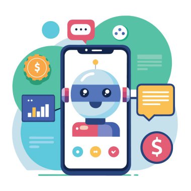 canlı bir illüstrasyon dijital hizmetleri ve finansal işlemleri temsil eden çeşitli simgelerle çevrili bir robot karakteri gösteren akıllı bir telefon tasvir eder