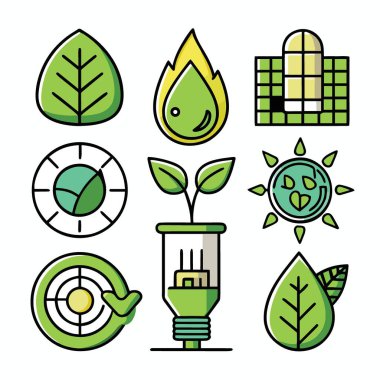 Sürdürülebilirliği temsil eden çeşitli çevre dostu ikonları gösteren renkli bir illüstrasyon yenilenebilir enerji ve çevre koruma kavramları yüksek kaliteli