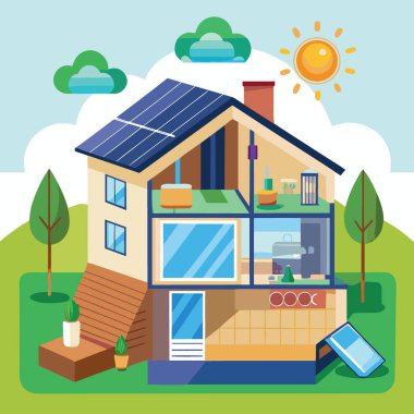 Güneş panelleri olan modern bir evi, yeşil çimenleri ve sürdürülebilir yaşam sunan parlak güneşli bir günü tasvir eden renkli bir çizim.