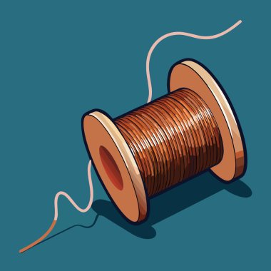 Detaylı bir illüstrasyon, sarmal desenini gösteren kahverengi bir iplik makarası ve bir deniz mavisi arkaplanına karşı takip eden bir iplik tasvir eder.