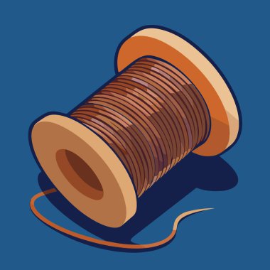 Detaylı bir illüstrasyon sergileniyor. Bir makara dolusu kahverengi iplik düzgün bir şekilde yaralanıyor ve düz mavi arka plan basit bir tasarıma karşı sunuluyor.