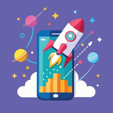 Bir cep telefonu ekranını gösteren canlı bir illüstrasyon yıldızların ve gezegensel elementlerin arasında uzaya fırlatılan bir roketi gösteriyor.