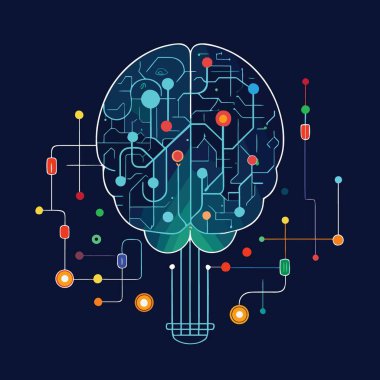 Birbirine bağlı devrelerden ve yapay zekayı ve nöral ağları temsil eden parlayan düğümlerden oluşan bir insan beynini tasvir eden stilize edilmiş bir illüstrasyon.