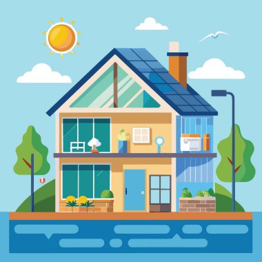 Renkli bir illüstrasyon, güneş panelleri, bacası ve güneşli bir gündüz gökyüzü olan iki katlı modern bir ev tasvir ediyor.