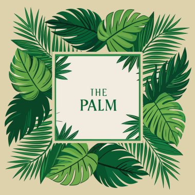 Tropikal palmiye yaprakları içeren bereketli ve canlı bir illüstrasyon zarif bir çerçeveleme merkezi beyaz alan ile metin palmiye