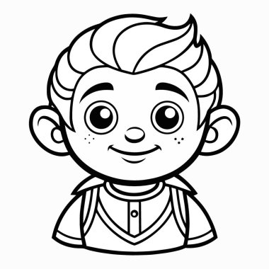 Siyah-beyaz bir karikatür çizimi. Büyük gözlü ve gülümseyen bir yüzü olan neşeli bir çocuk tasvir ediliyor.