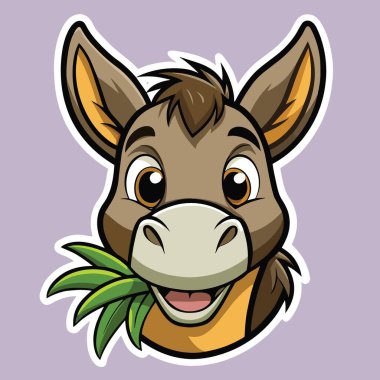 Büyük anlamlı gözleri ve ağzında neşeyle tutulan yeşil bir yaprak filizi olan büyüleyici bir eşek kafası çizimi.