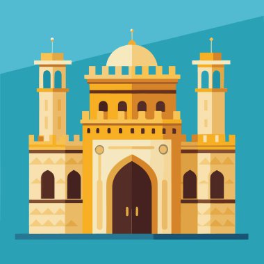 Biçimlendirilmiş bir illüstrasyon, kendine özgü kuleleri ve kemerleri olan geleneksel mimari tasarımı olan büyük bir bina tasvir ediyor.