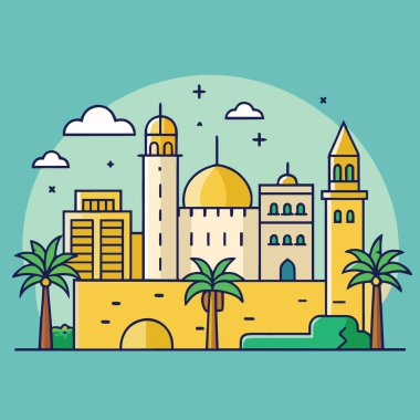 Renkli bir illüstrasyon, önde gelen binaların palmiye ağaçları ve sakin, parlak bir gökyüzü arka planının yer aldığı stilize edilmiş bir şehir manzarasını tasvir eder.