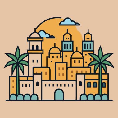 Renkli bir illüstrasyon, kubbe binaları palmiye ağaçları ve sıcak bir günbatımı arkaplanı olan stilize edilmiş bir Orta Doğu şehrini tasvir ediyor.