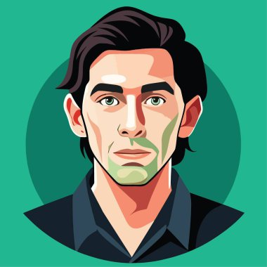 Koyu saçlı bir adamın stilize edilmiş vektör portresi ve düz yeşil dairesel bir zemine karşı ince bir sakalı var.