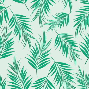 Bereketli yeşil palmiye yapraklarını içeren pürüzsüz bir desen ışık ve hava arkaplanı boyunca dağılmış tropikal ve rahatlatıcı bir estetik yaratıyor.