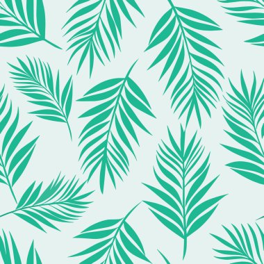 yemyeşil palmiye yaprakları içeren pürüzsüz bir desen açık deniz mavisi arkaplanına karşı tekrarlanan bir dizayn.