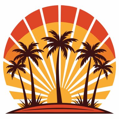 a stylized graphic illustration depicting palm trees silhouetted against a vibrant orange and yellow sunset with radiating light beams