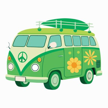 Canlı yeşil bir VW bus illüstrasyonu. Üzerinde bir sörf tahtası ve etraftaki neşeli çiçek desenleri var.