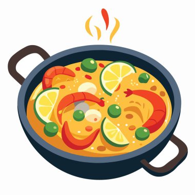 Canlı bir illüstrasyon, karides limonlu bir tava paella ve diğer malzemelerin şık bir sunumda yavaşça buharlaşmasını tasvir eder.