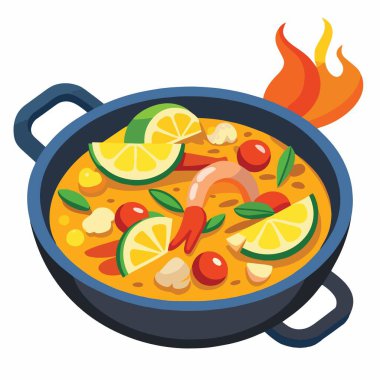Canlı bir illüstrasyonda karides domatesli paella, limon dilimleri ve acı biberli lezzetli bir yemek tasvir ediliyor.