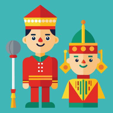 Renkli bir illüstrasyonda geleneksel kıyafet giymiş, farklı başlıklar takan iki stil figürü ve bir tören personeli resmediliyor.