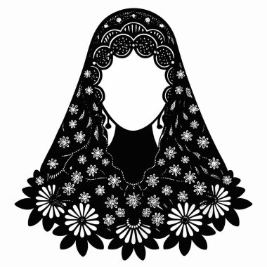 Detaylı bir siyah-beyaz çizimi geleneksel bir mantilla başlığını resmediyor. Çiçek desenleri ve karmaşık dantel tasarımı ile süslenmiş.