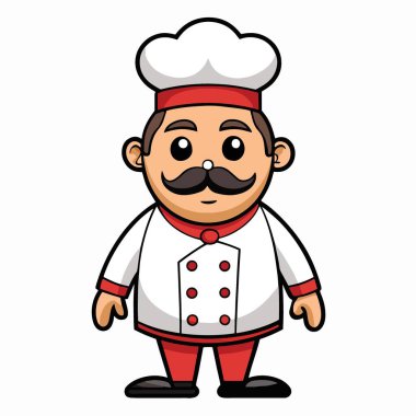 Geleneksel beyaz üniformalı, kırmızı kolyeli ve kırmızı bantlı tüylü beyaz aşçı şapkalı neşeli bir şef karakteri.