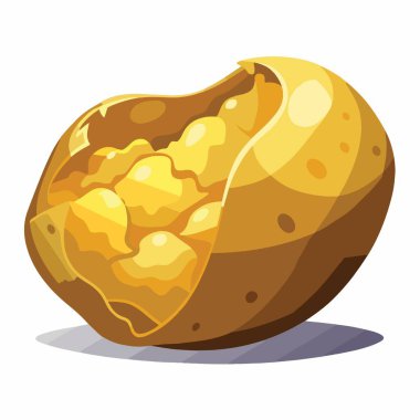 Canlı bir illüstrasyon kısmen yenmiş fırında patatesin kabarık altından bir iç yapısı ve altında ince bir gölgesi var.
