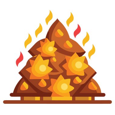 Renkli bir illüstrasyon, istiflenmiş kütüklerden yükselen canlı sarı ve kırmızı alevlerle stilize edilmiş bir odun yığınını tasvir eder.