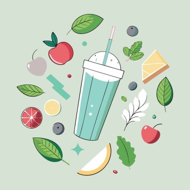 Renkli bir illüstrasyon, çeşitli meyve yaprakları ve dairesel bir düzende bir pipetle çevrili ferahlatıcı bir meyve kokteyli sergiliyor.