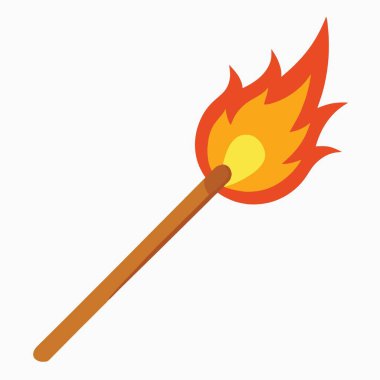 Yanan bir kibrit çöpünü parlak sarı bir alev ve kahverengi bir ahşap sapla beyaz arka planda tasvir eden basit bir çizim.