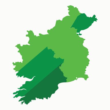 Merkezde çapraz koyu yeşil çizgilerle modern grafik tasarımını temsil eden stilize edilmiş yeşil bir İrlanda haritası.