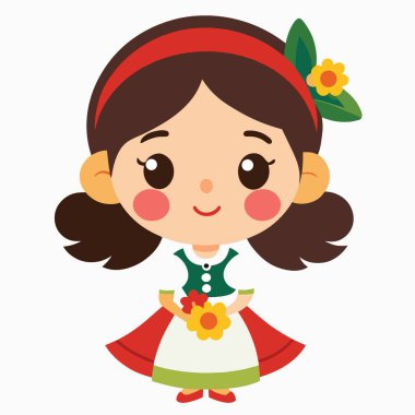 Kahverengi saçlı, kırmızı bantlı ve başında çiçek desenli bir kız resmi.